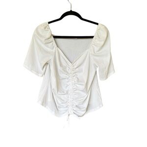 Ruched Top Sweetheart Neckline‎ Ribbed Stretch Puffed Sleeves Cottage Core Sz Xl